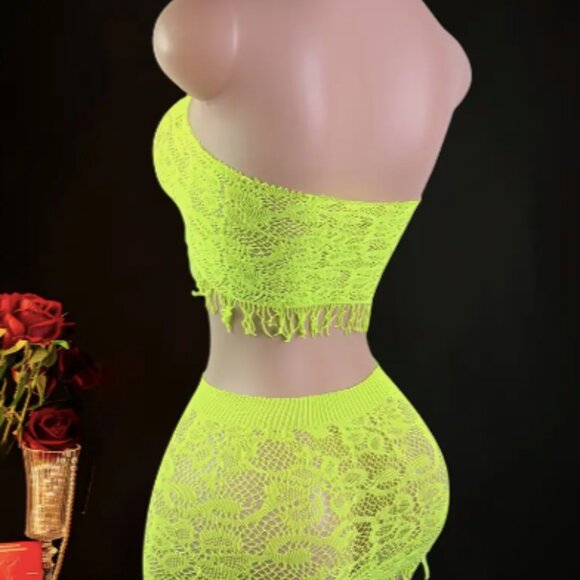 Neon Green 2pc Halter Top & Tassel Skirt Fishnet Dress Cover Up - Picture 4 of 7